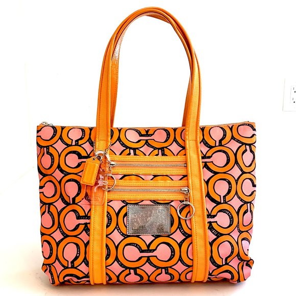 Coach Handbags - Pink and Orange Coach Poppy 3D OP Art Signature Glam Tote 14983